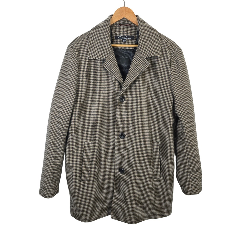 Kenneth Cole New York Mens Wool Blend Houndstooth Car Coat Brown Large